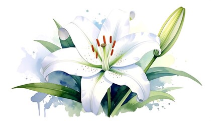 Elegant White Lily Watercolor Painting with Bud and Leaves.