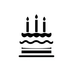 Simple black and white icon of a three tiered birthday cake with candles