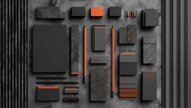 Flat lay desk items, orange accents, stone background - Powered by Adobe