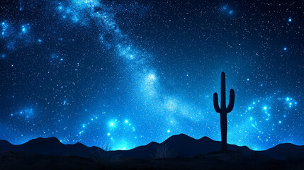 Vibrant blue Milky Way illuminates a desert night, featuring a saguaro cactus silhouette against distant mountains and countless stars
