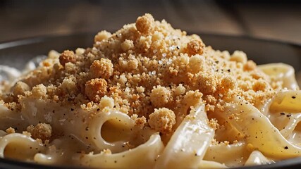 A closeup shot captures the delightful moment of crispy breadcrumbs being generously sprinkled over a creamy rich pasta dish enhancing its texture and flavor for a gourmet culinary experience.