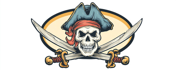 Cute pirate party oval emblem with smiling skull and soft crossed swords 32k ultra HD