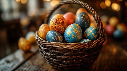 Ornate decorated Easter eggs in a rustic woven basket with soft blurred lights in the background