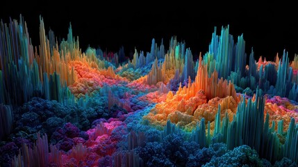 Colorful Abstract 3D Landscape of Spiky Pixels and Voxel Terrain on Black Background