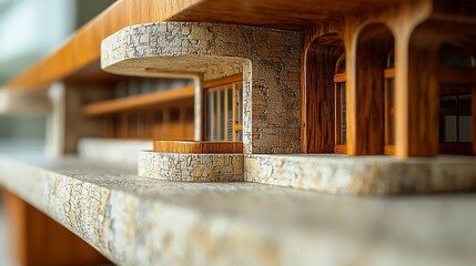 Close up of a detailed architectural model featuring wood and stone textures showcasing curved elements and windows
