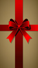 Vibrant red ribbon and bow neatly tied on textured brown wrapping paper, creating a classic gift presentation