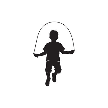 Child skipping rope silhouette boy jumping rope exercise kid active play recreation childhood fun black white illustration fitness activity