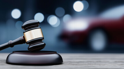 An auctioneer's gavel sits prominently on a wooden desk with a blurred car in the background, this photo represents the concepts of bidding and purchase.