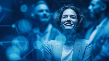 An executive confidently smiles, embodying leadership and determination, with others in the background, set against a modern, digitally enhanced background.