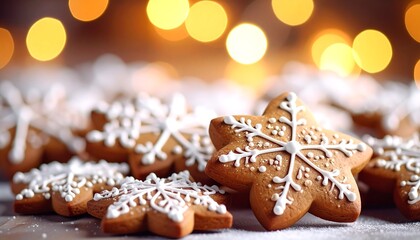 Festive Snowflake Gingerbread Cookies with Icing and Bokeh Lights.