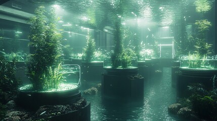 Futuristic fish farm featuring bioluminescent algae within tanks, potentially providing a unique and innovative approach to aquaculture. Concept for sustainable aquatic ecosystems for business.