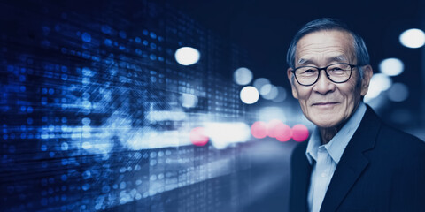 An experienced businessman stands confidently, his gaze steady, against a backdrop of data streams and city lights. He is a symbol of knowledge and business acumen.