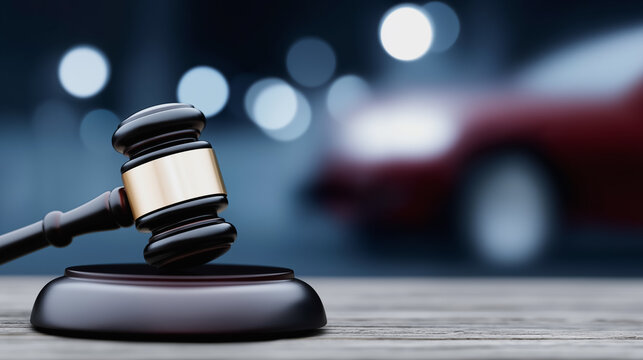 An auctioneer's gavel sits prominently on a wooden desk with a blurred car in the background, this photo represents the concepts of bidding and purchase.