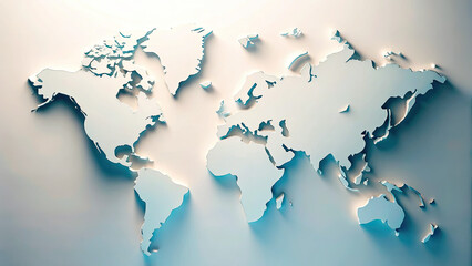 Minimalistic 3D world map on soft blue gradient concept. Stylized world map in 3D with soft lighting and modern design.