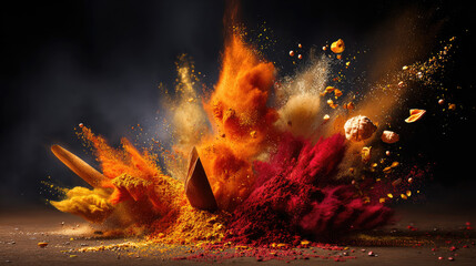 Explosion of spices bursting against dark background concept. Vibrant explosion of colorful spices creating a dynamic visual.