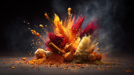 Explosion of spices bursting against dark background concept. Vibrant explosion of colorful spices creating a dynamic visual.