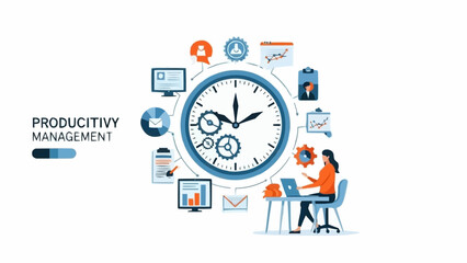 Productivity Management Illustration - Clock, Gears, and a Focused Woman. © Injuk