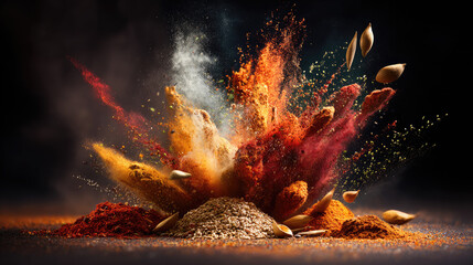 Explosion of spices bursting against dark background concept. Vibrant explosion of colorful spices creating culinary art.