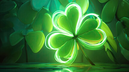 Glowing neon clover outline on dark background concept. Vibrant green clover leaf glowing in serene background.
