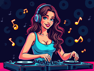 Vibrant Doodle of a Female DJ Mixing Music with Neon Accents