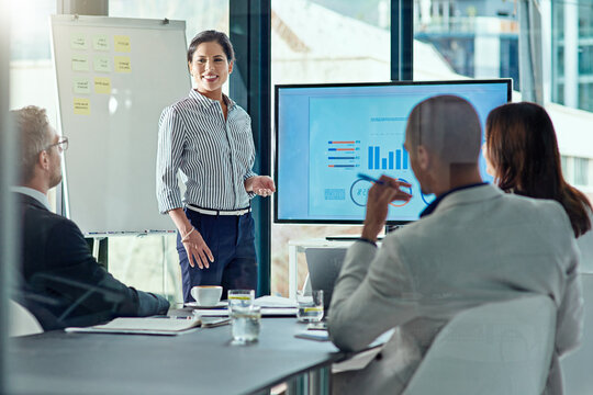 Presentation, data and speaker with business woman in office for sql database, finance metrics and review. Budget chart, transaction feedback and account infographic with employees in agency