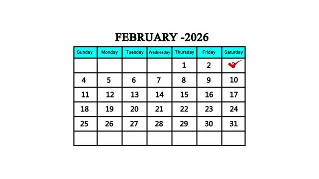 The calendar of 9February month 3th day is red  check mark, looped animation. A very important date in the calendar. Signing a day on a calendar. white background