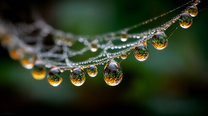 Macro photograph of raindrops on a spider web with green background, dew drops on a web in a natural environment, close up of water droplets on a cobweb