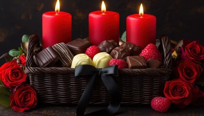 Brightly lit red pillar candles illuminate a romantic gift basket filled with assorted chocolates, fresh raspberries, and deep red roses.