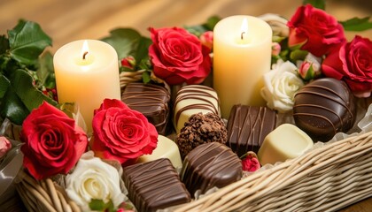 Burning candles illuminate an assortment of gourmet chocolates and vibrant roses nestled within a woven container.