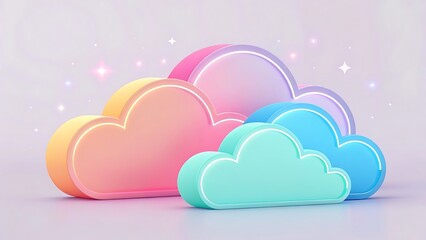 A vibrant and whimsical arrangement of colorful rounded clouds rendered in a soft pastel gradient style with subtle sparkling highlights creating a dreamy aesthetic
