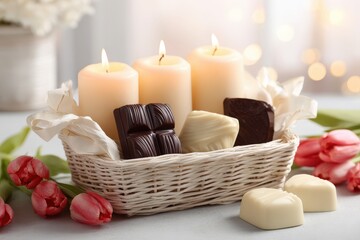 Creamy white and dark chocolate confections accompany lit pillar candles in a woven basket setup