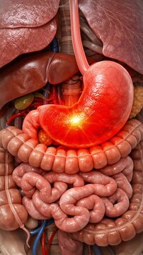Inflamed stomach medical pain highlighted digestive tract small intestine large intestine digestive system liver pancreas gallbladder esophagus abdominal organs ulcer intestine abdominal organ