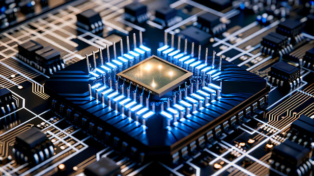 Microprocessor Chip in Futuristic Circuit Board with Blue Neon Lighting and Metallic Texture for Technology Advertising - Powered by Adobe