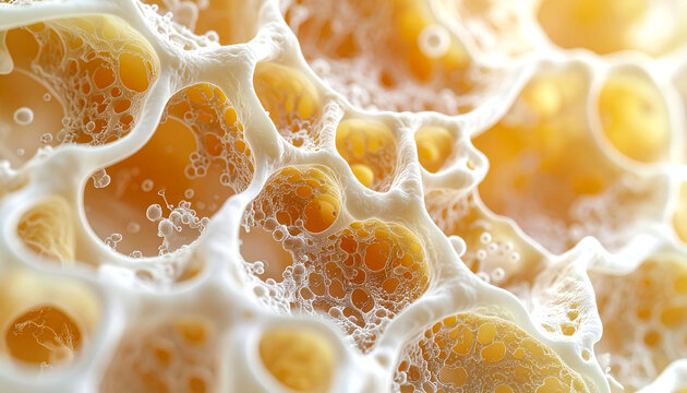  Macro close-up of delicate cream foam sugar lace with tiny bubbles on golden amber backdrop, abstract dessert texture for patisserie and culinary design - Powered by Adobe