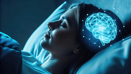Young woman sleeping with glowing digital brain visualization concept. A woman sleeping peacefully with a glowing brain illustration.