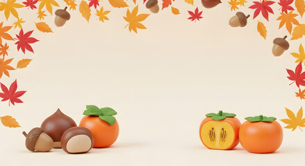 秋の紅葉とどんぐりと柿のかわいいクレイアートフレーム背景