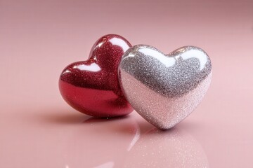 Fototapeta premium Two decorative, glittering hearts rest closely together on a reflective pink surface