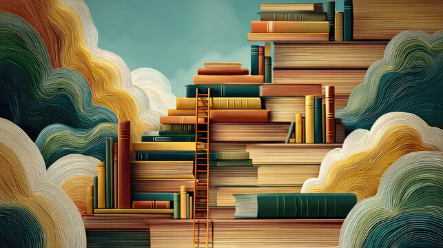 Abstract book stack with ladder on sky with clouds background concept. A whimsical stack of books creates a dreamy cloudscape.
