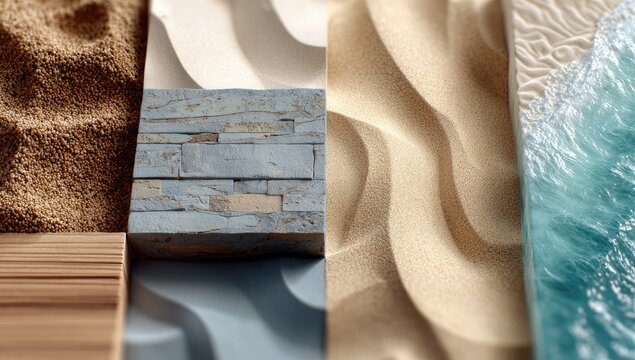 Textural collage sand, stone, wood, ocean, beach - Powered by Adobe