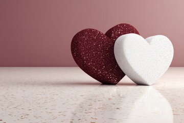 Obraz premium Two textured heart shapes lean against each other on a reflective surface with a plain background