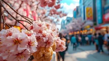Close up of blooming pink cherry blossoms with a blurred street scene and people in the background