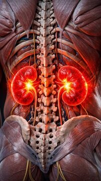 Human anatomy close up showing glowing kidneys and spinal column with surrounding muscle tissue medical vivid red and brown tones conveying intensity and focus glowing human kidney anatomy with spine