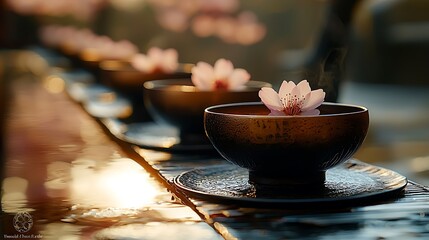 Row of steaming bowls with delicate pink cherry blossoms floating on the surface