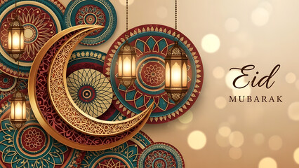 Eid Mubarak greeting card with crescent moon and lanterns.