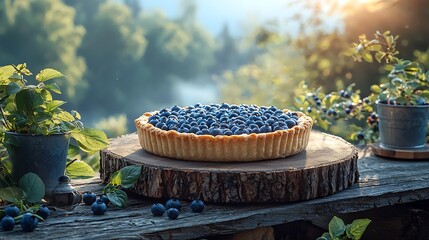 A rustic blueberry tart rests on a wooden log surrounded by fresh berries and greenery under sunlight