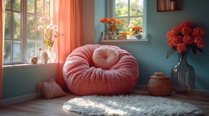 Cozy corner with a large pink beanbag chair plush pillow white rug and floral arrangements