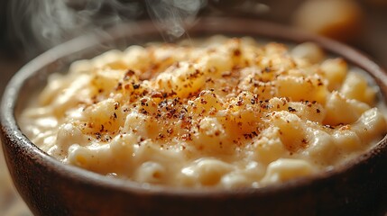 Close up of steamy macaroni and cheese in a dark bowl sprinkled with herbs and spices