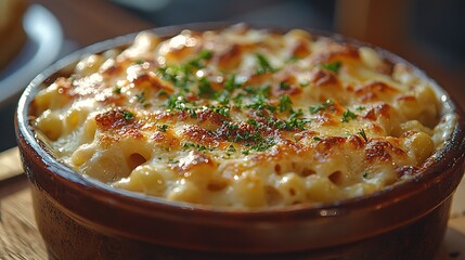 Close up of baked macaroni and cheese with melted golden brown cheese and fresh parsley topping