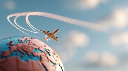 Airplane flying above a globe with visible continents, leaving a trail in the sky, symbolizing travel, exploration, and global connectivity in a vibrant atmosphere