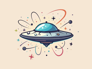 Whimsical Tech Doodle of a Flying Saucer Drone Observing Data